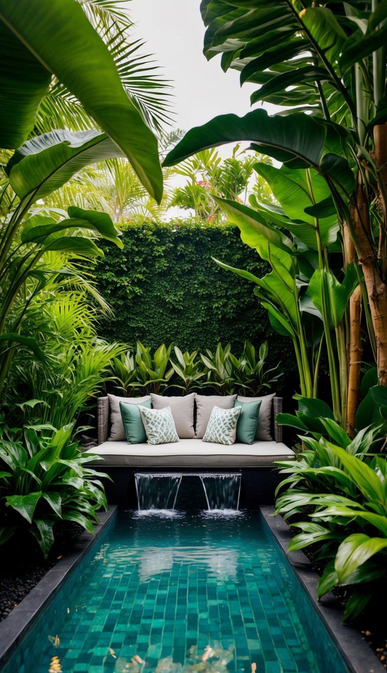 A lush backyard oasis with tropical plants, a secluded seating area, and a tranquil water feature surrounded by lush greenery