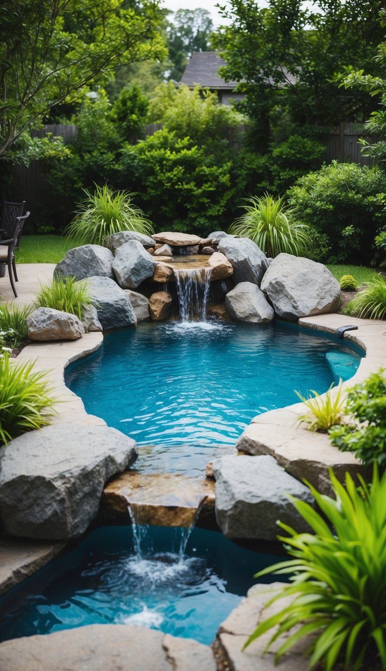 A pool nestled among natural rocks in backyard, surrounded by lush greenery and miniature cascading waterfalls in the backyard

