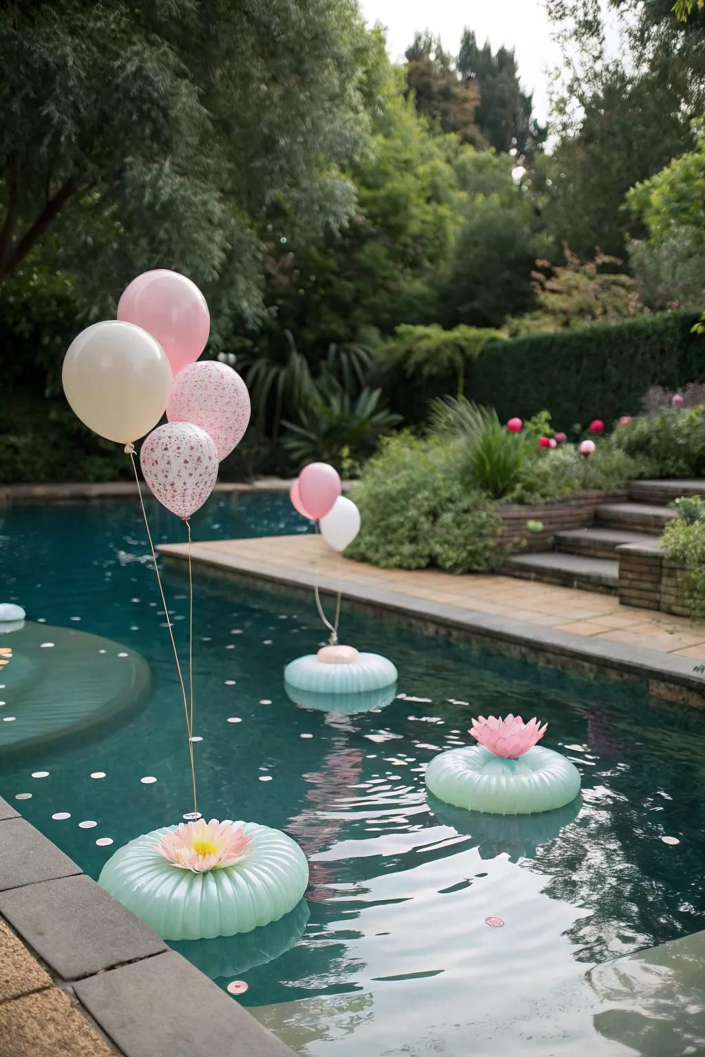 Floating decor adds a whimsical touch to the pool.