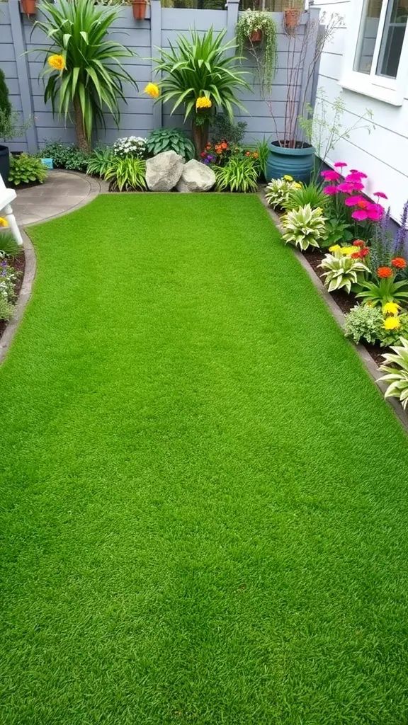 A small garden featuring astro turf and various colorful flowers.