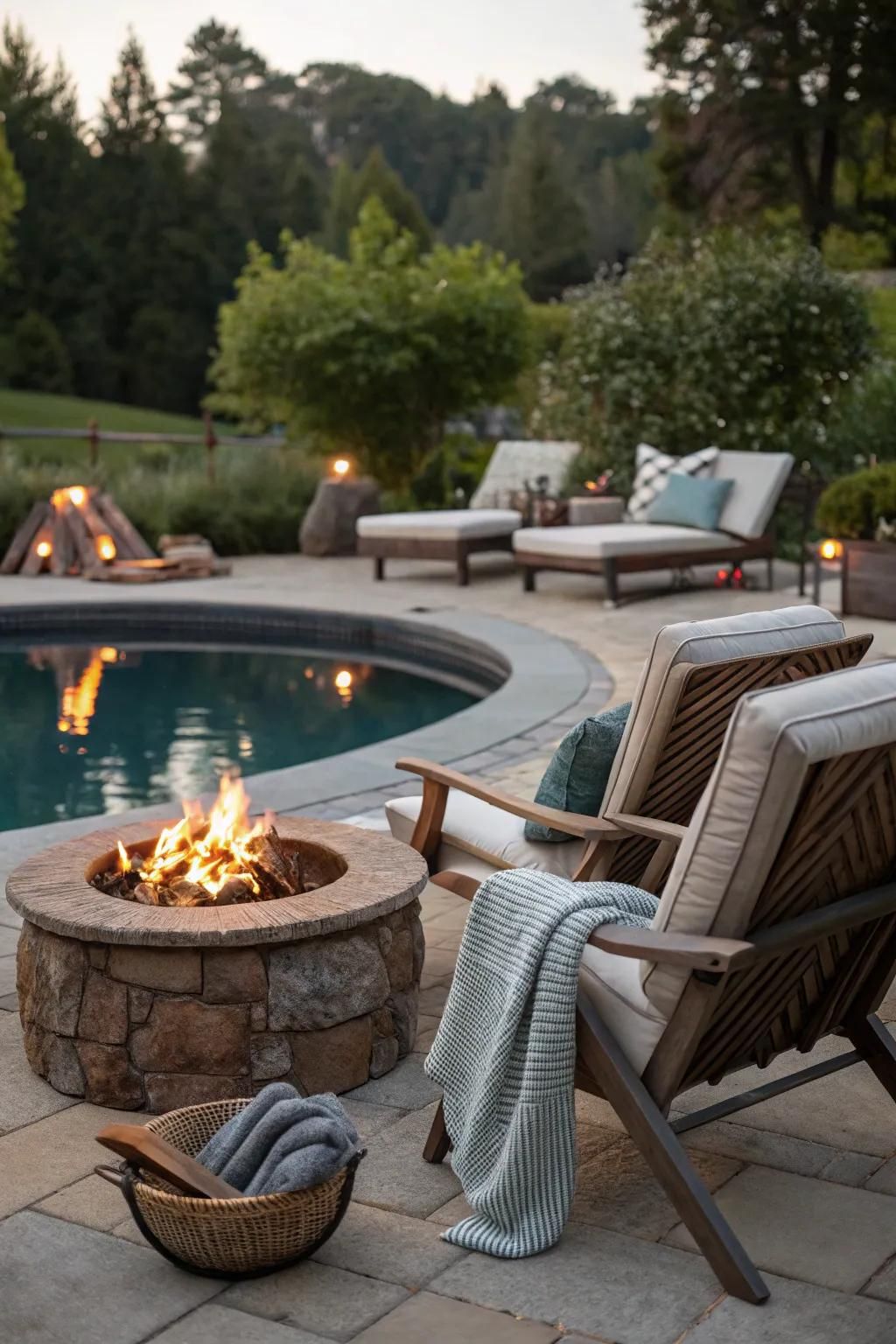 A fire pit adds warmth and a gathering spot by the pool.