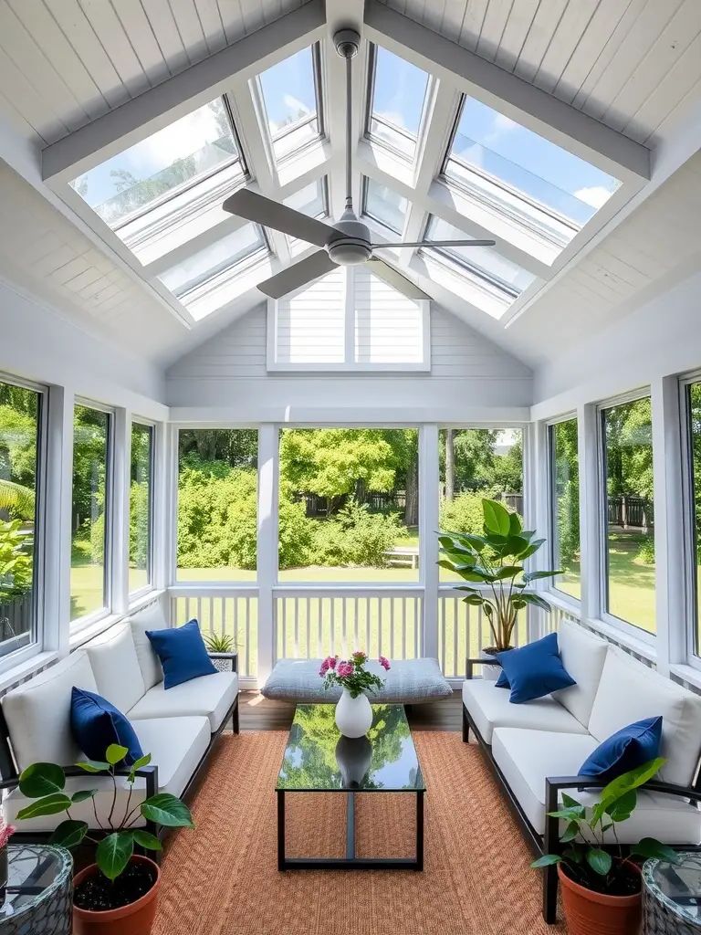 Bright and airy screened-in porch with skylights, featuring cozy seating, potted plants, and a view of green outdoors.