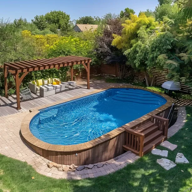 Panoramic Backyard with Above-Ground Pool, Wooden Privacy Fence, and Pergola with Roses and Ivy-