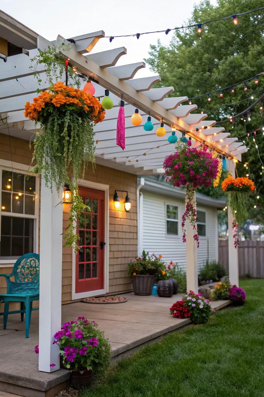 A pergola featuring colorful accents that add personality and joy.