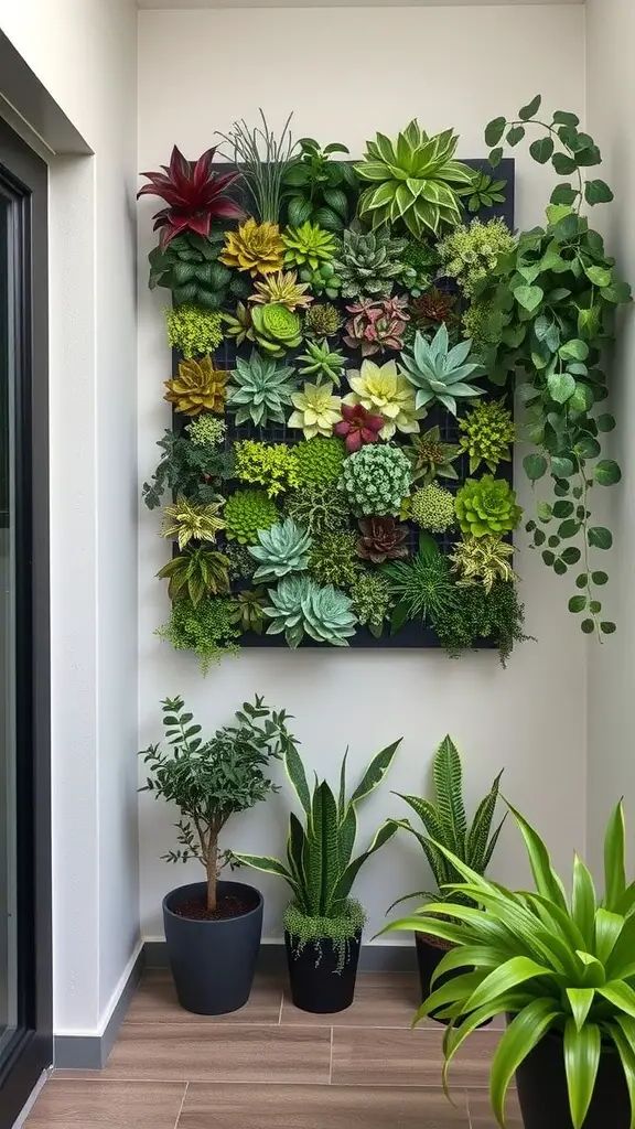 A vibrant living wall garden filled with various plants, complemented by potted plants below.