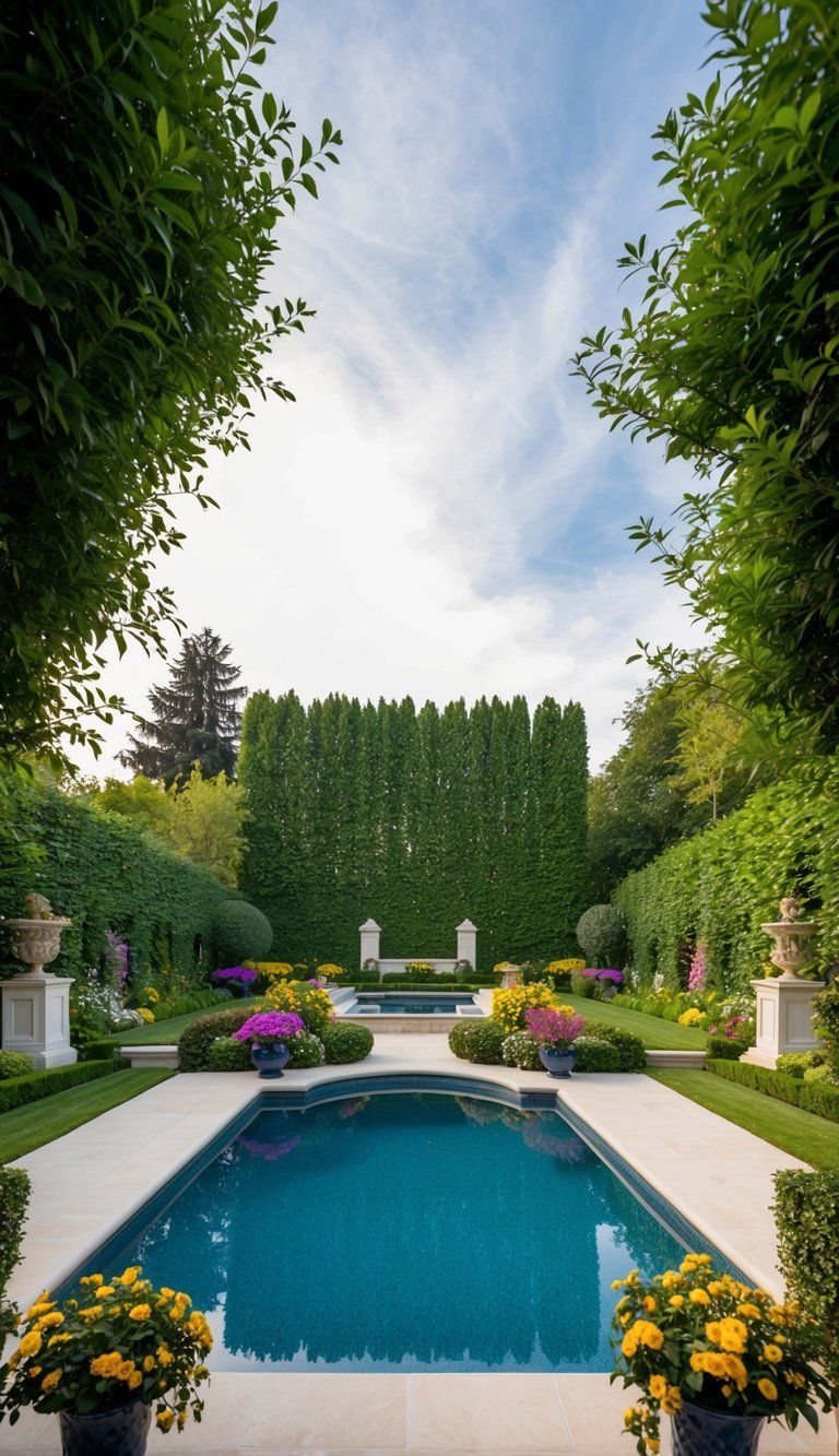 A spacious backyard with a pool surrounded by lush greenery, colorful flowers, and elegant landscaping features