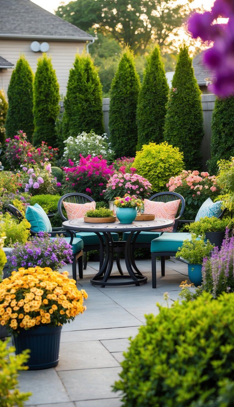 A cozy backyard patio with 20 different types of flowering shrubs in full bloom, creating a vibrant and colorful outdoor oasis