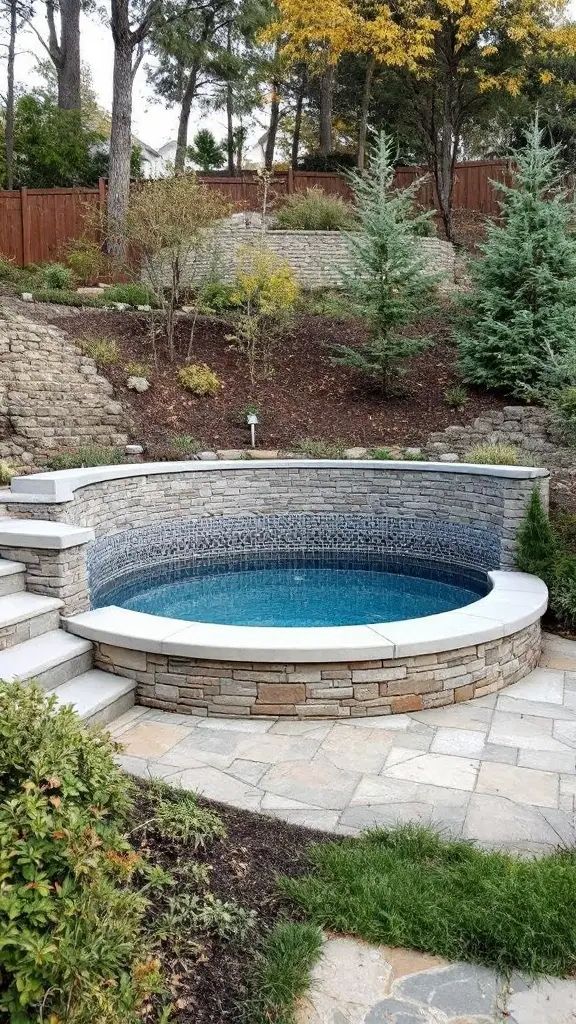 A small circular pool surrounded by a stone retaining wall in a sloped backyard with trees and plants.