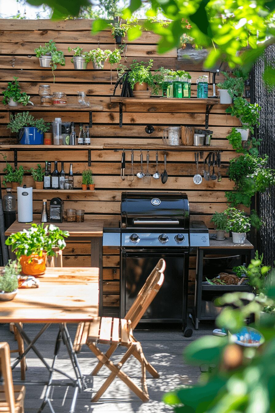 A small outdoor kitchen setup on a compact patio, featuring a compact grill, foldable table and chairs, and vertical storage shelves with hanging plants and kitchen utensils.