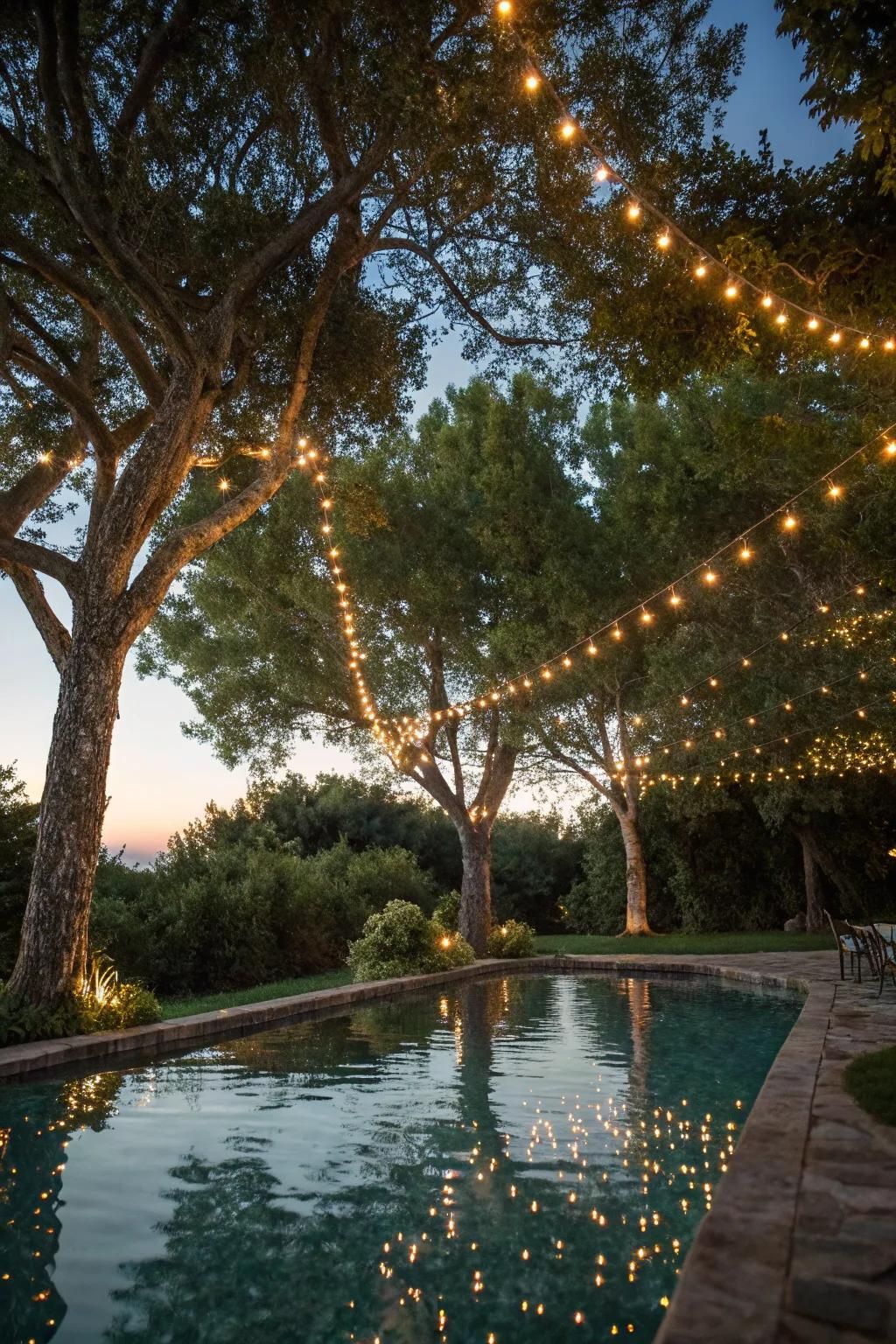 Tree-wrapped lights extend the magic past the pool.