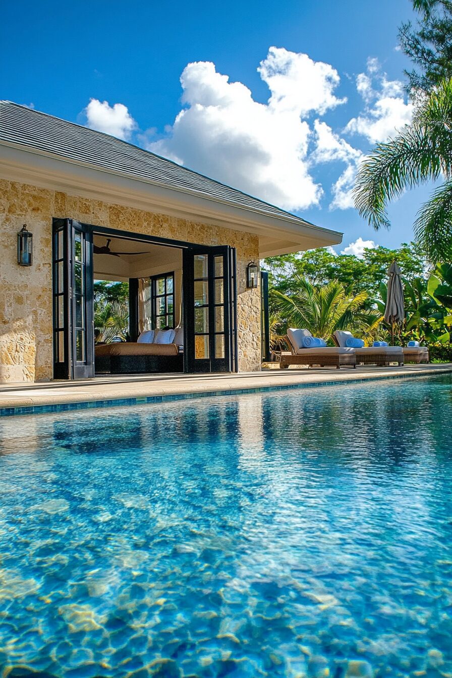 Luxurious pool house. Bi-fold doors, coral stone tiles, outdoor-shower. Panoramic bajan-blue pool view.