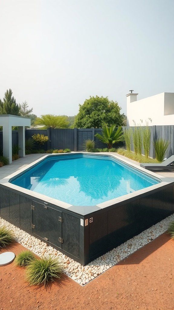 A stylish octagonal above ground pool surrounded by pebbles and greenery in a modern backyard setting.