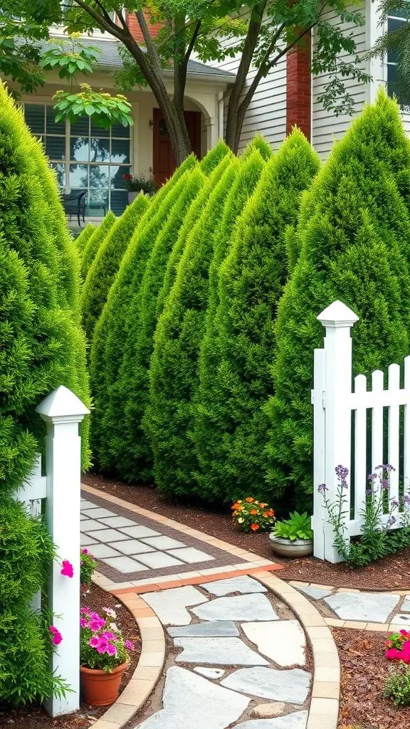 A white picket fence with tall green shrubs and a stone pathway lined with flowers