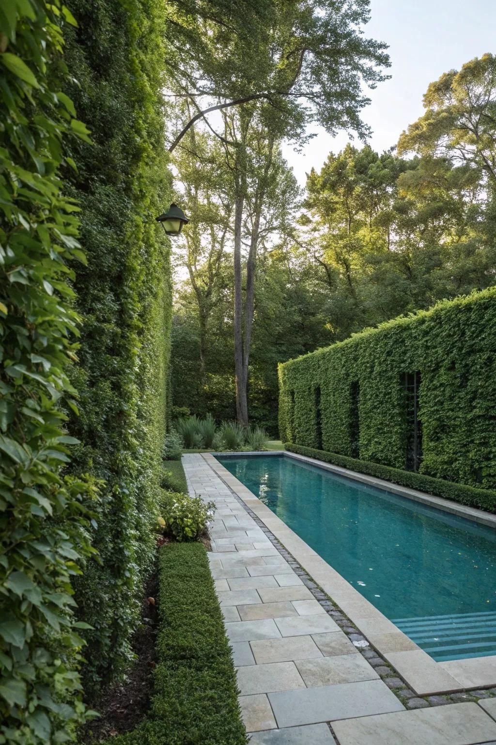 Green screens offer privacy and a lush poolside backdrop.