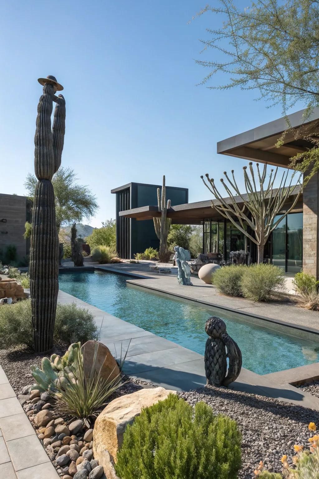Artistic sculptures enhance the visual appeal of pool landscapes.