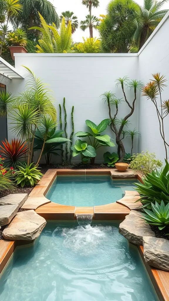 A serene pool garden featuring lush plants and a relaxing water feature.