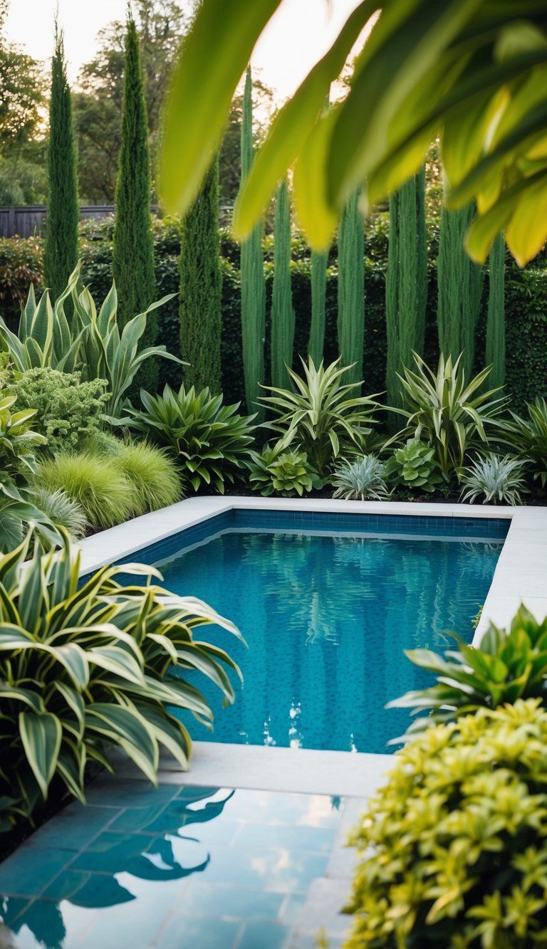 Tall and medium plants arranged around a pool, creating a lush and varied landscape design