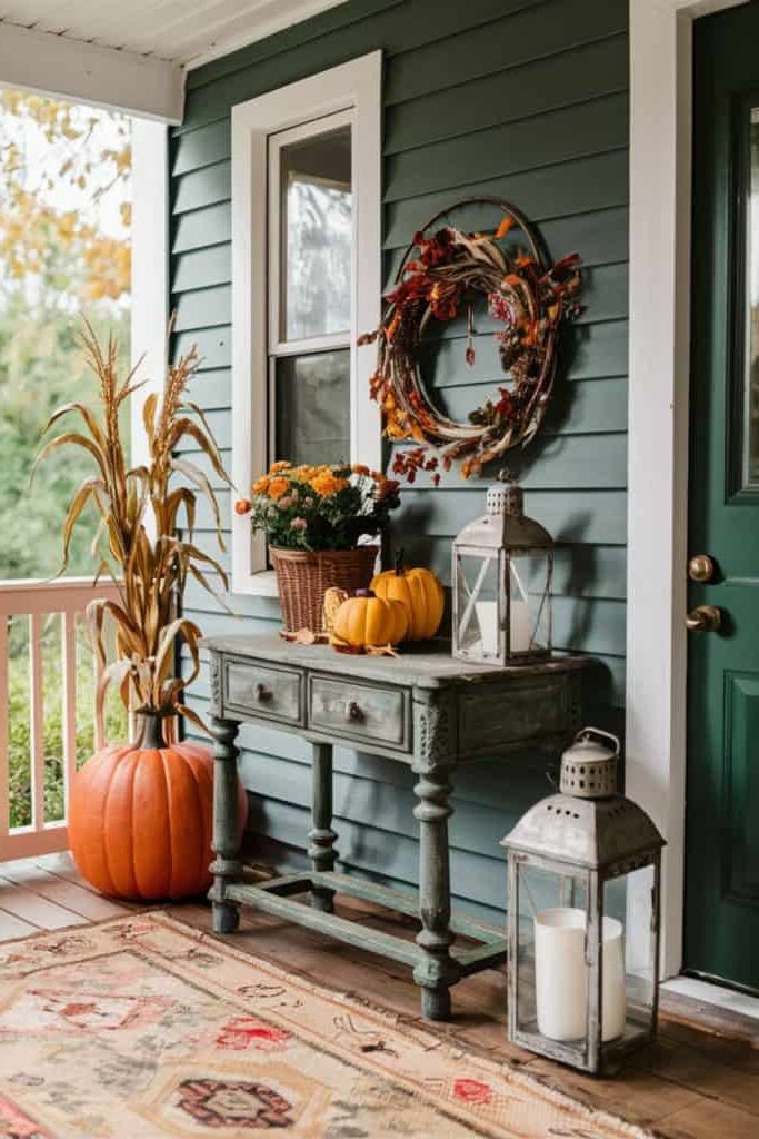 Vintage-inspired fall porch with antique table and corn stalks