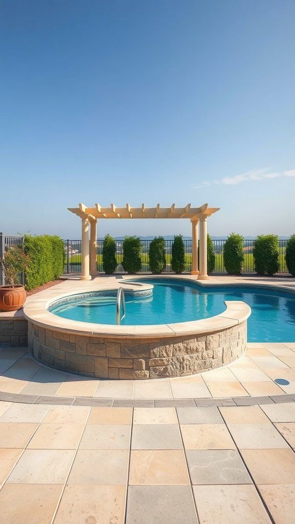 An elegant above-ground pool with a round design, surrounded by stonework and featuring a pergola overhead.