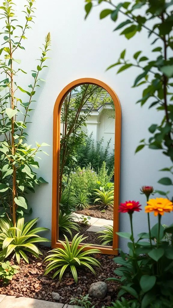 A decorative mirror surrounded by vibrant plants in a small garden.