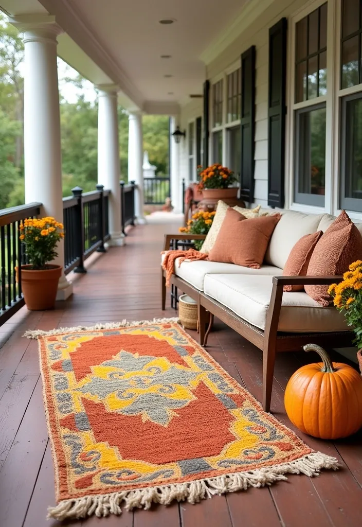 27+ Perfect Fall Porch Decor Ideas - 13. Outdoor Rugs for Comfort