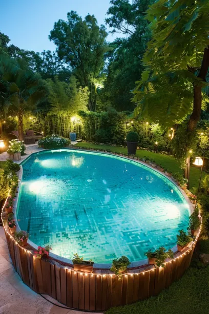 Wide shot of a luxurious backyard pool area at dusk with creative lighting