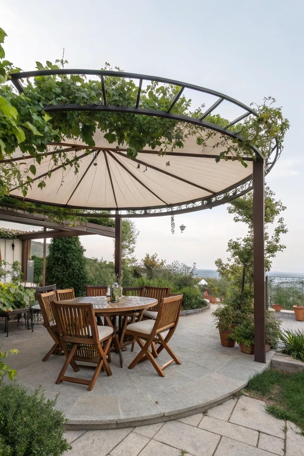 A pergola with a retractable canopy provides flexible shade options.