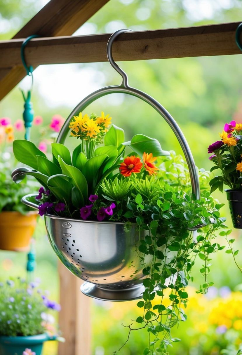 A colander hanging from a wooden beam, filled with vibrant green plants and colorful flowers, surrounded by other budget-friendly garden decor