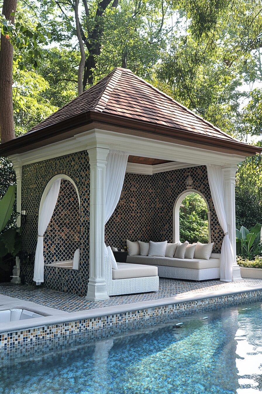 Luxurious pool house. Mosaic tile teakwood changing cabana and white wicker covered lounge nestling by pool.