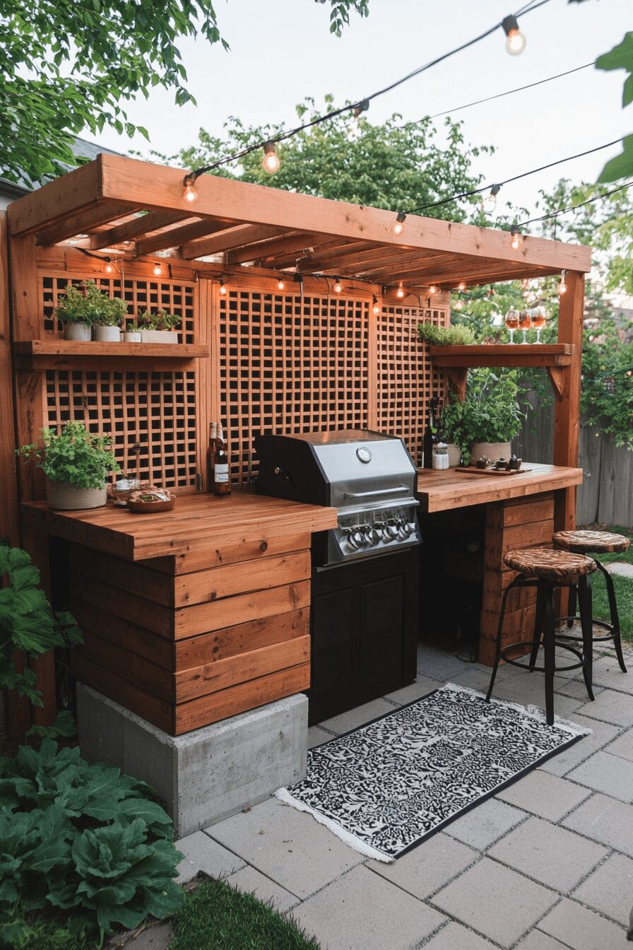 A simple DIY outdoor kitchen featuring a pallet wood bar, a cinder block grill station, and wooden shelves, set in a cozy backyard with greenery and garden lights.