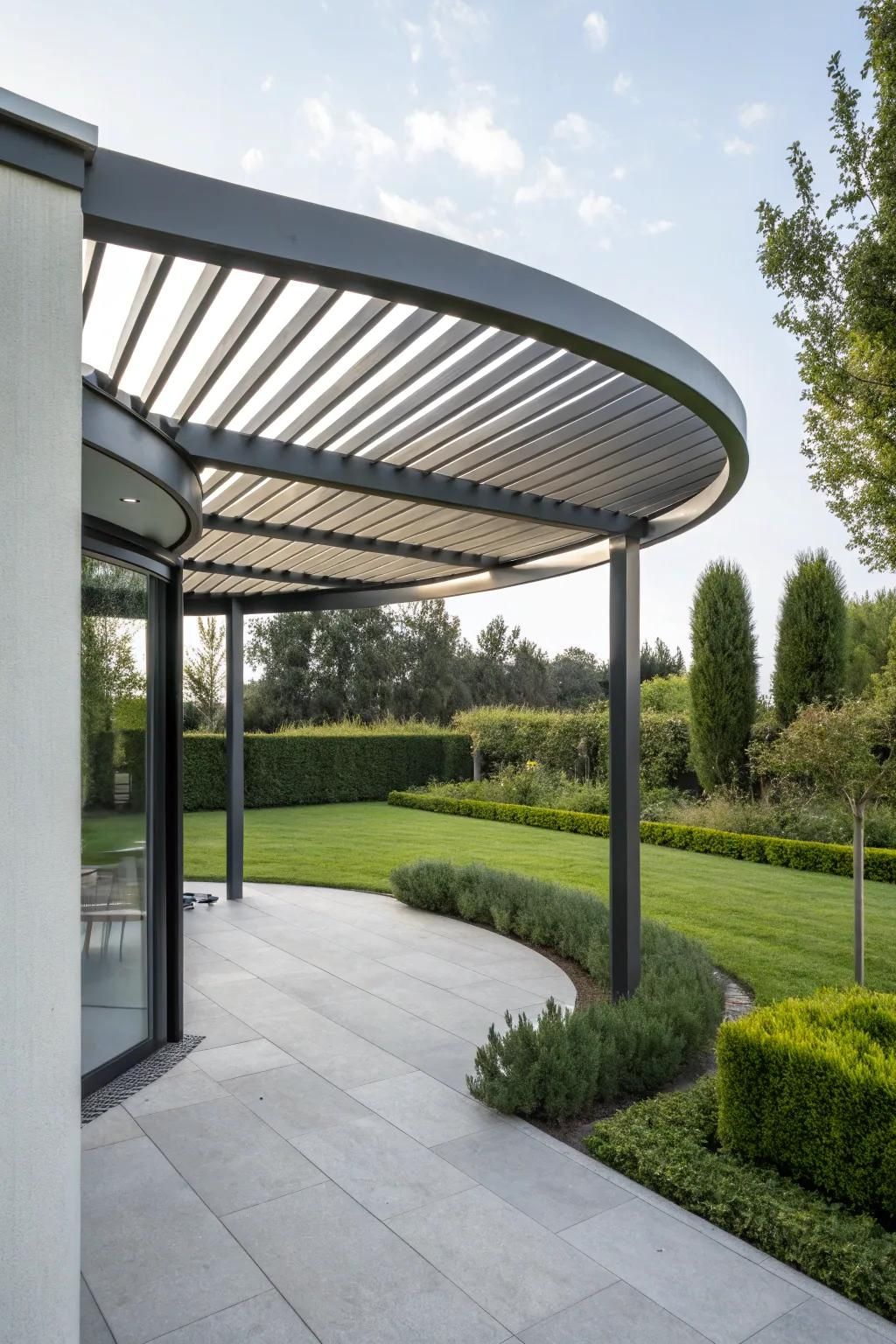 A modern metal pergola adds industrial flair to any outdoor space.