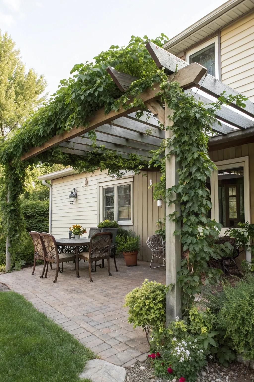 A pergola with a roof offering extended usability and protection.