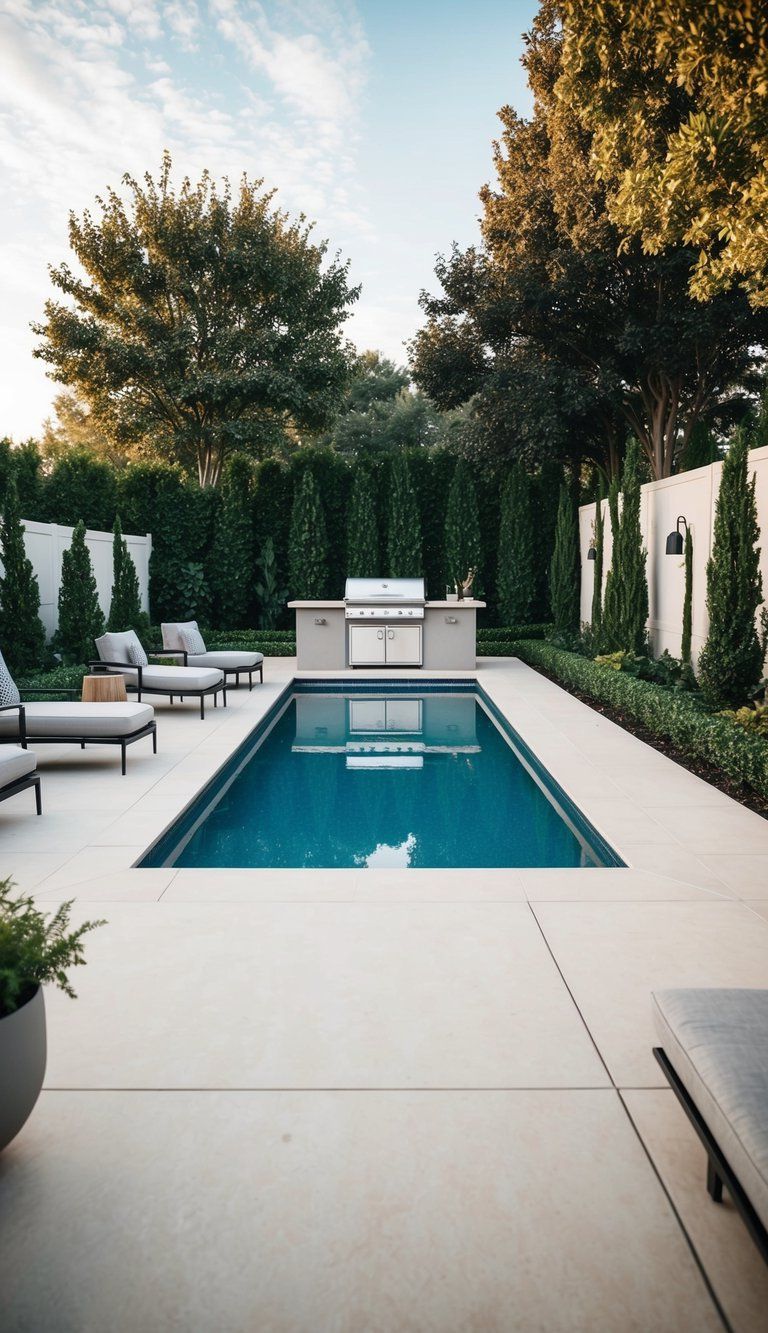 A spacious outdoor area with a stylish BBQ zone surrounded by lush landscaping and a sparkling pool