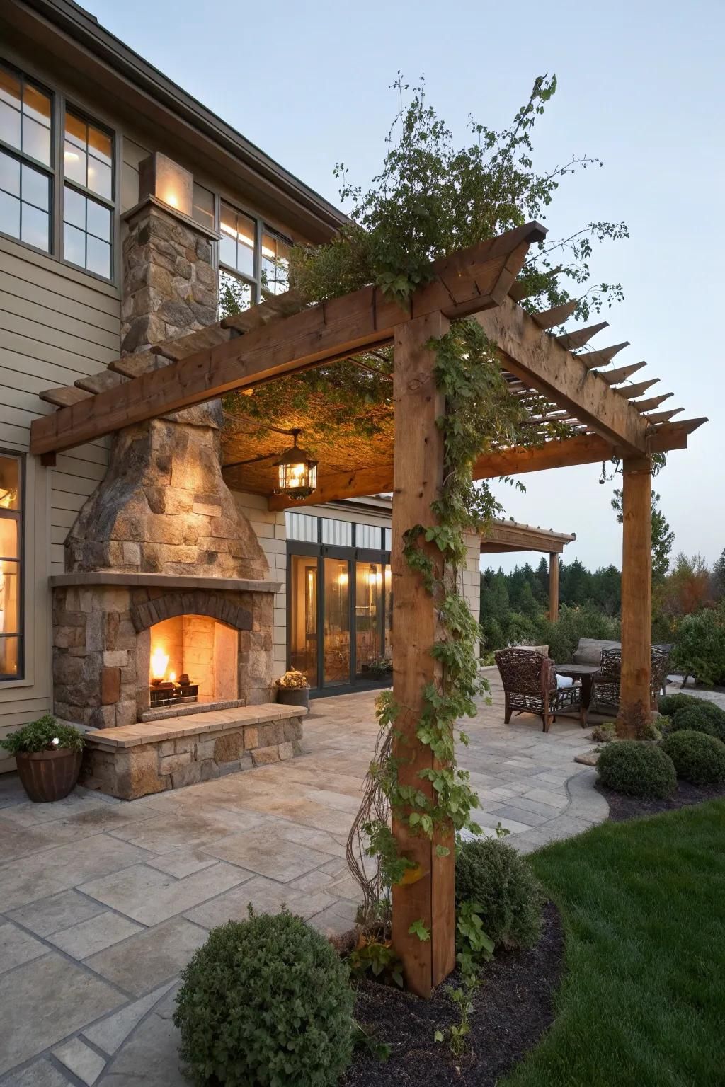 A pergola with a fireplace, providing warmth and ambiance for outdoor gatherings.