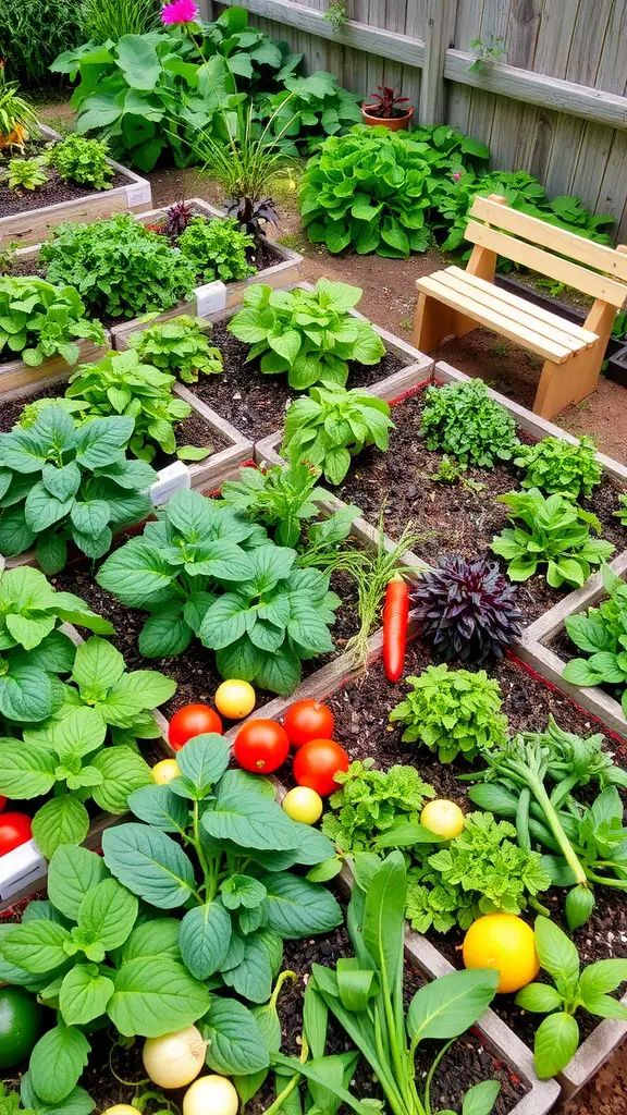 A raised bed vegetable garden with various plants and a wooden bench for seating.