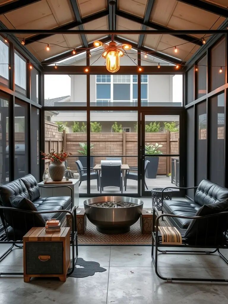 Industrial-style screened porch with metal accents, featuring a fire pit and cozy seating.