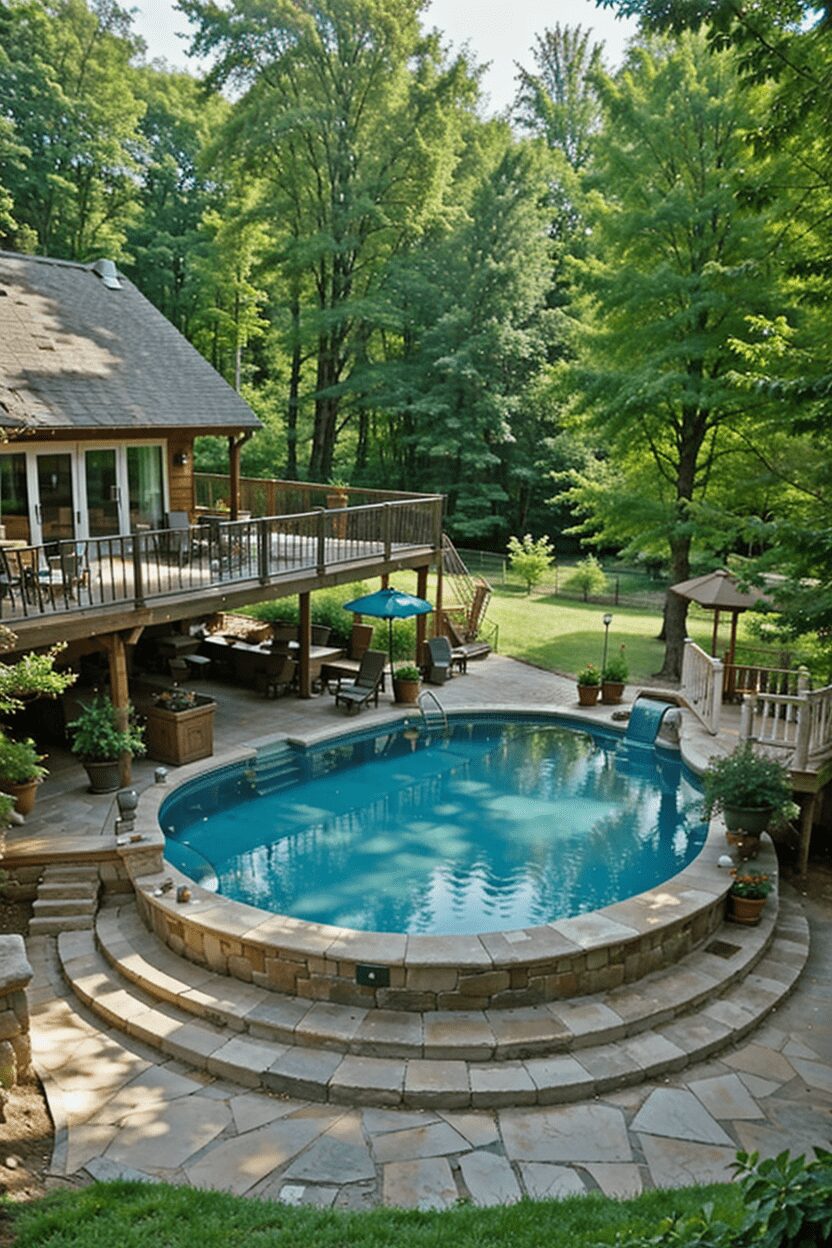 rock above ground pool rustic stone