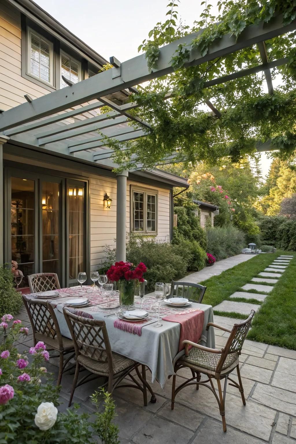 An extended dining area with a pergola offers the perfect setting for al fresco dining.