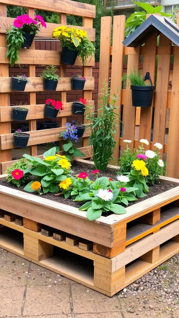 Colorful flowers planted in a repurposed pallet garden.
