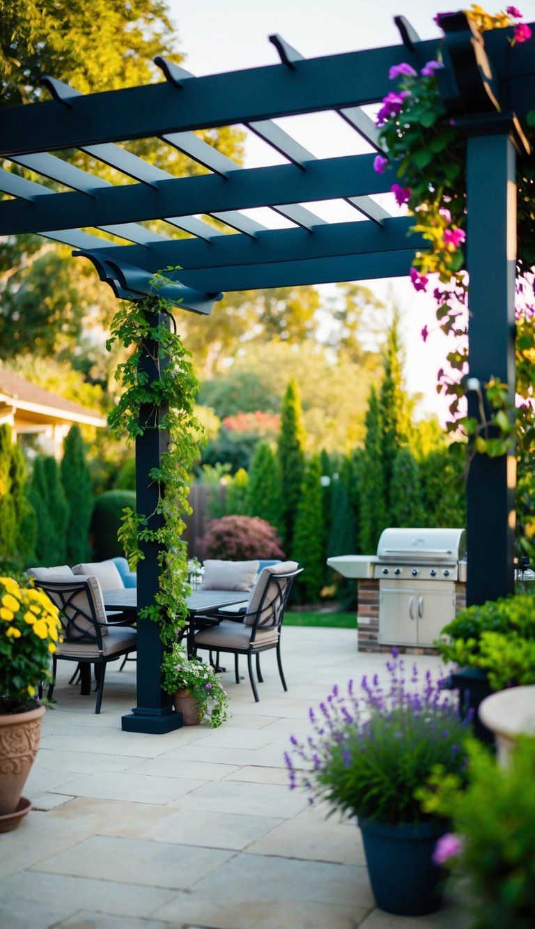 A pergola stands in a backyard, adorned with vibrant climbers and surrounded by various patio ideas