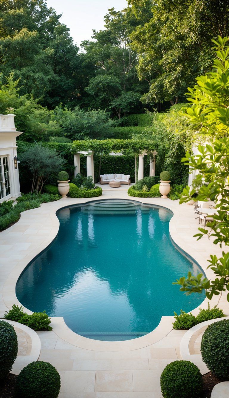 A spacious freeform pool nestled in a lush backyard oasis, surrounded by vibrant greenery and elegant landscaping. A serene and inviting space for relaxation and recreation