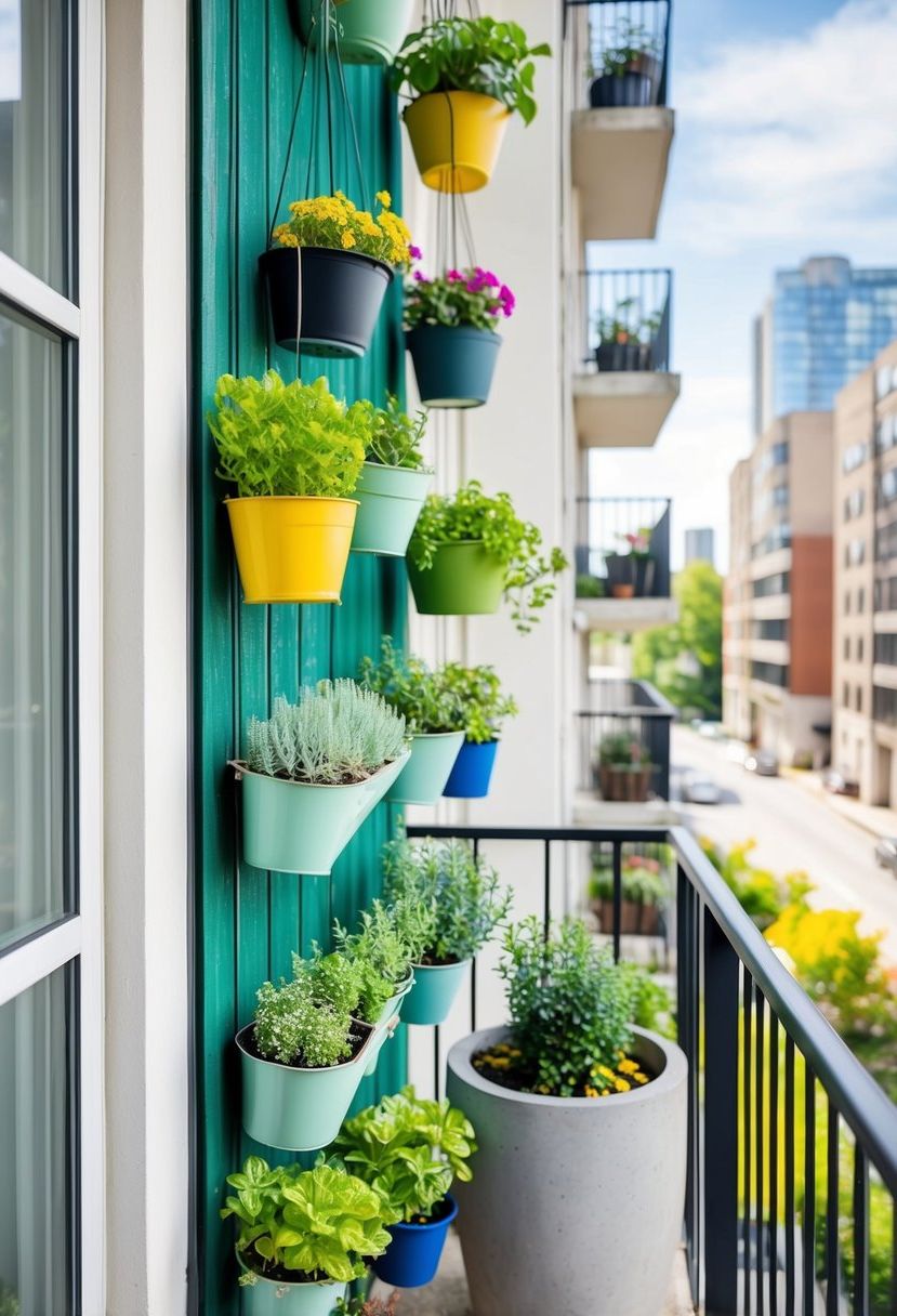 A small urban balcony with hanging planters, recycled containers, and vertical gardens, showcasing creative and budget-friendly gardening ideas
