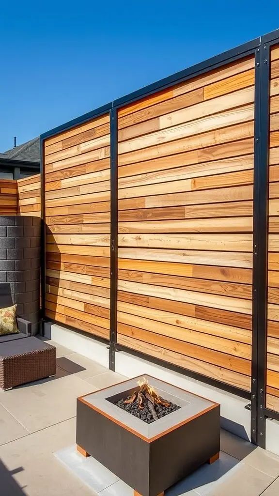 A modern metal and wood mixed privacy fence surrounding a fire pit area
