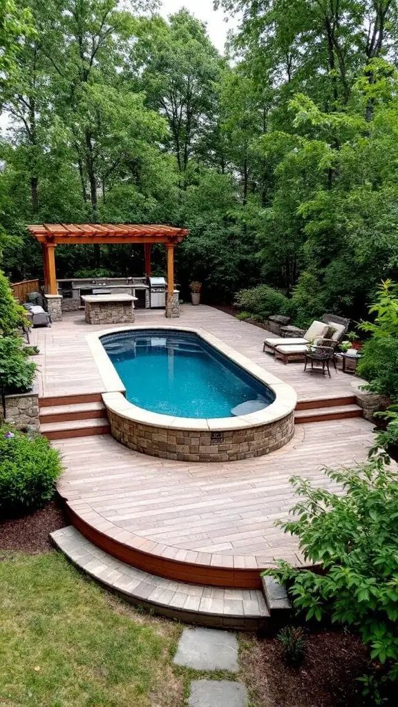Small backyard pool with a multi-level wooden deck and outdoor kitchen surrounded by greenery.