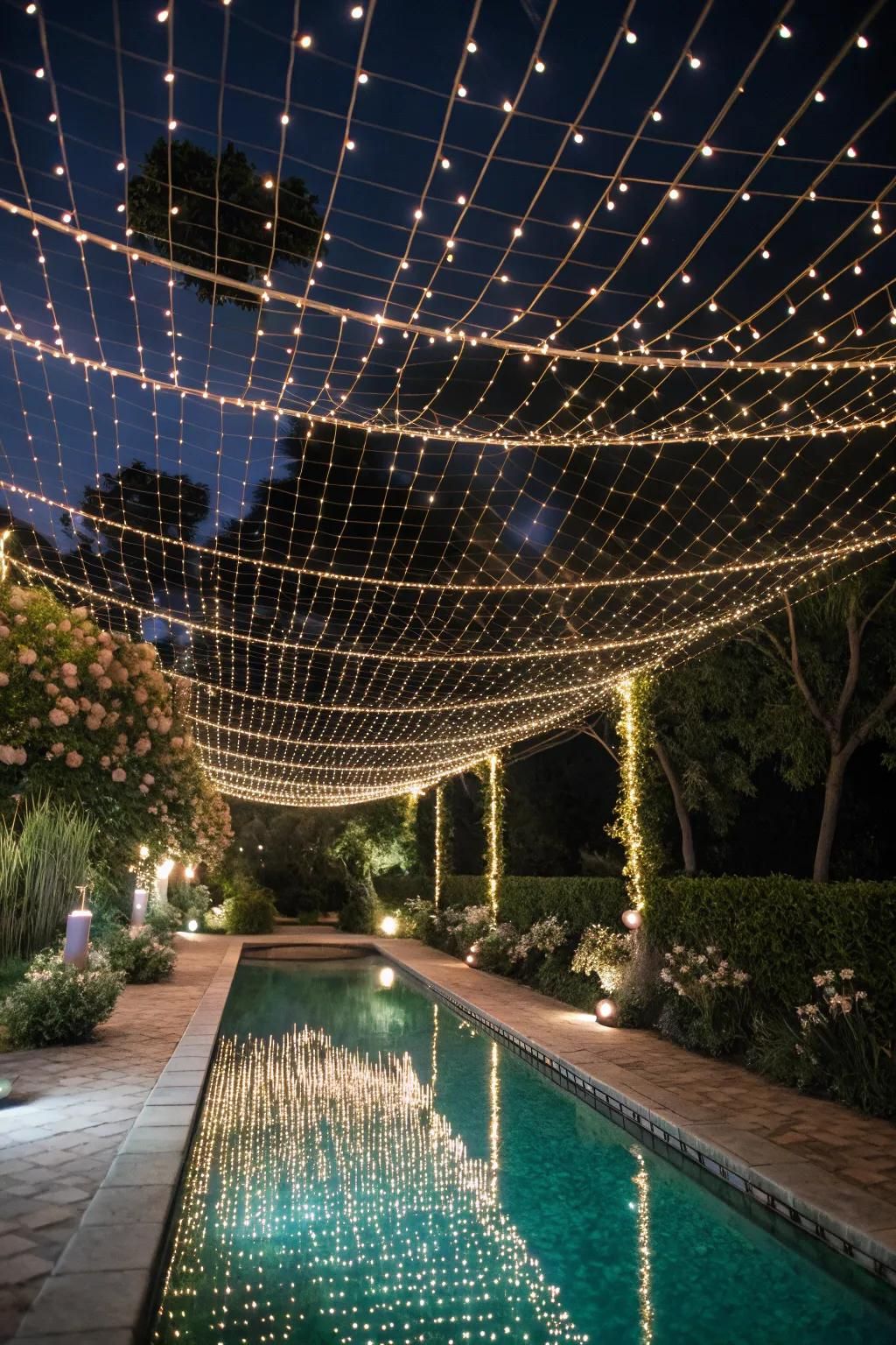 An overhead net of lights transforms your pool into a starry oasis.