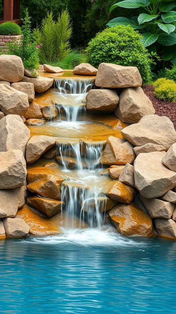 A beautiful cascading waterfall made of rocks next to a pool, surrounded by greenery.