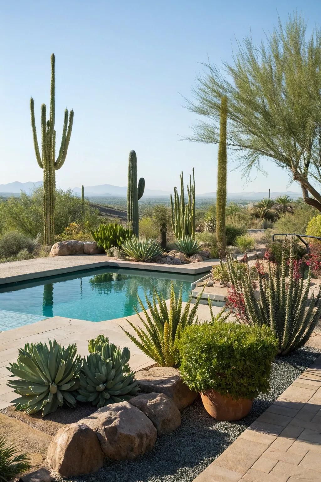 Desert plants add color and resilience to the poolside environment.