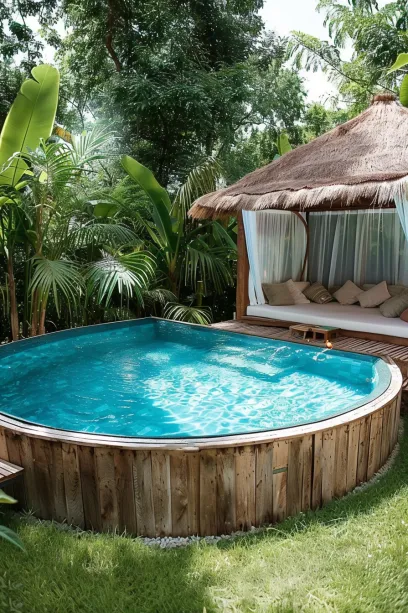 above ground pool with hut sofa shade and curtains