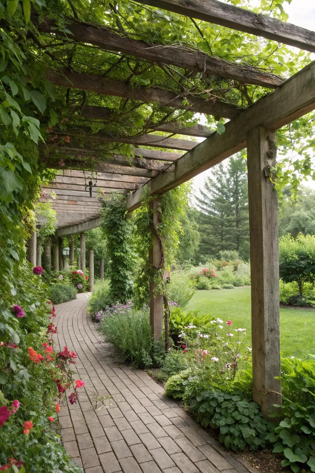 Pergolas with vines merge structure and natural beauty.
