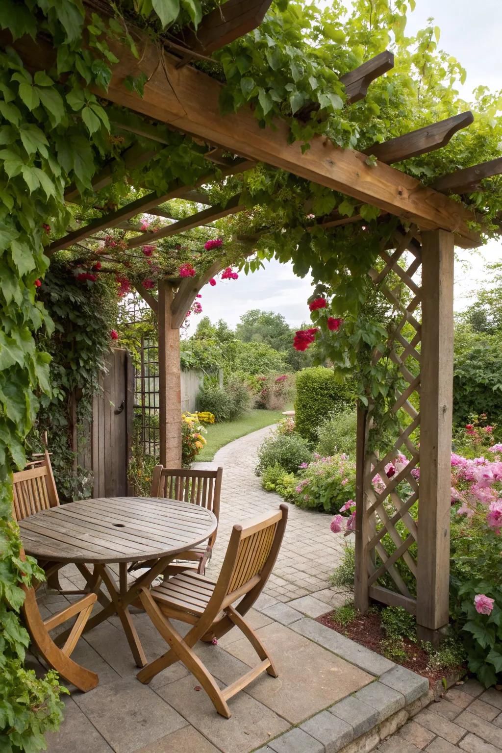 A trellis adds vertical interest and greenery.